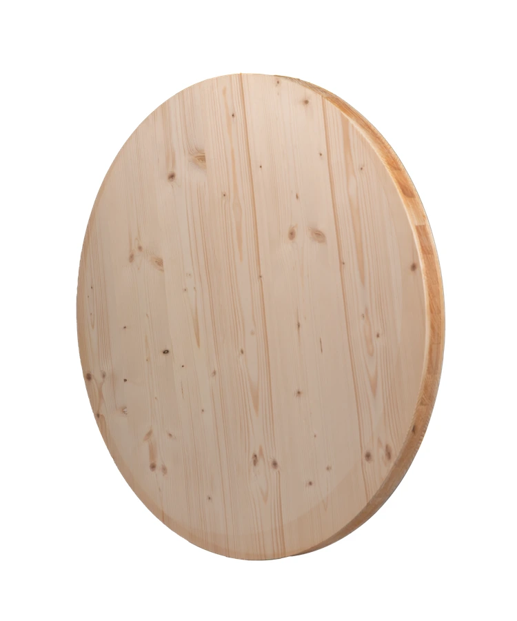 Photo de 3/4 détourée d'un plateau rond en bois trois plis en essence d'épicéa, le plateau le plus économique de la boutique